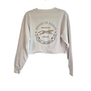 Brooklyn Bridge Motorcycle Co Cropped Graphic Sweatshirt‎ Gray Cheetah Raw Hem